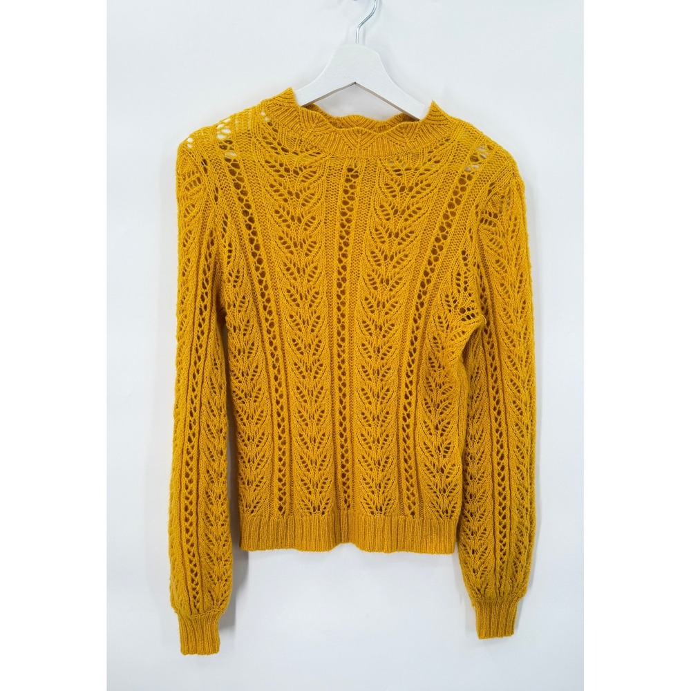LC Lauren Conrad Sweater Womens XS Yellow Pointelle Open Knit Boho Crew Neck